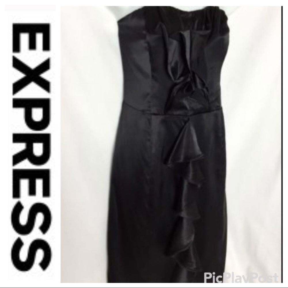 💕SALE💕Express Black Silk Ruffle Strapless Dress - Picture 5 of 7